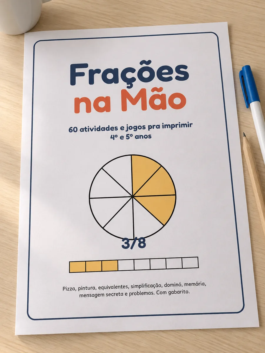 Capa do kit Frações na Mão impressa em A4 sobre a mesa