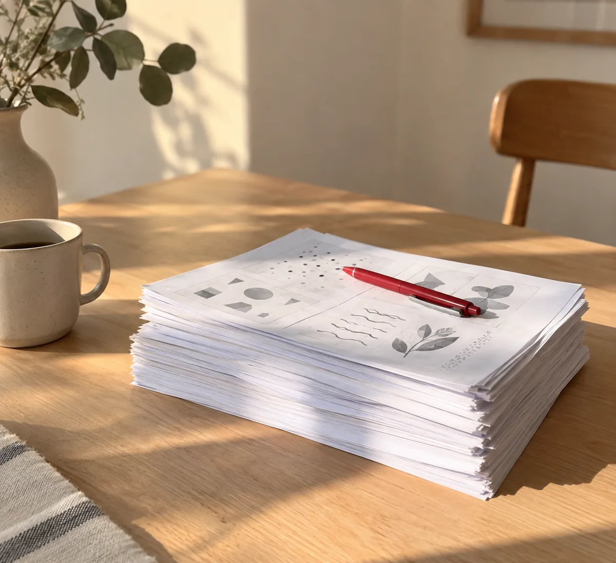 Pilha de folhas de atividade sobre a mesa com uma caneta vermelha em cima, na luz de fim de tarde. Imagem ilustrativa