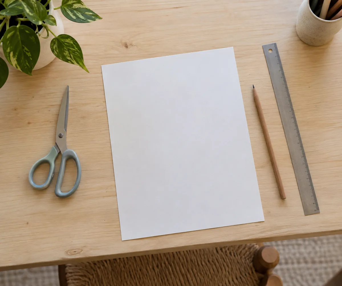 Mesa com tesoura, cartolina em branco e régua, sem nada recortado ainda. Imagem ilustrativa