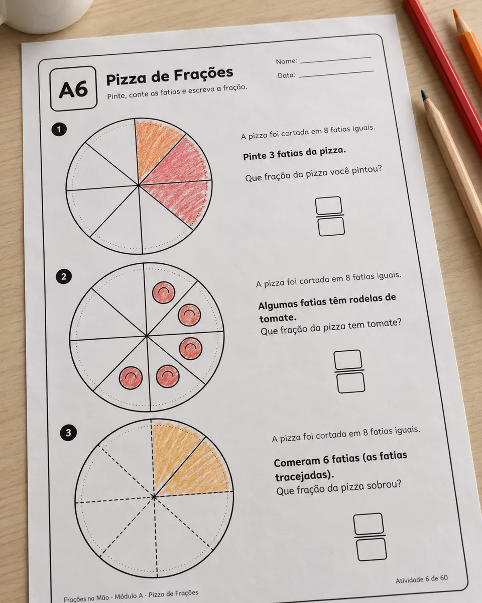 Folha de pizza de frações impressa sobre uma mesa, com algumas fatias pintadas a lápis de cor e um lápis ao lado