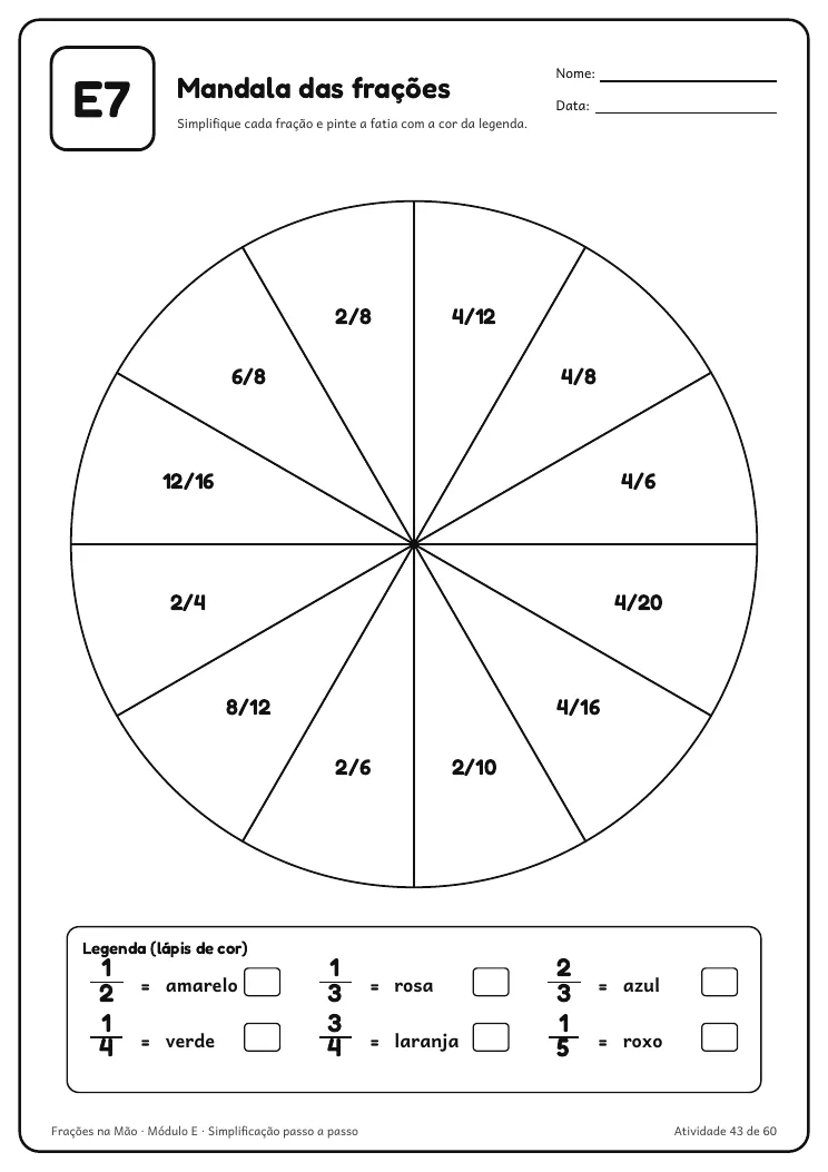 Página real do PDF Frações na Mão: atividade E7, mandala pra simplificar e pintar pela legenda