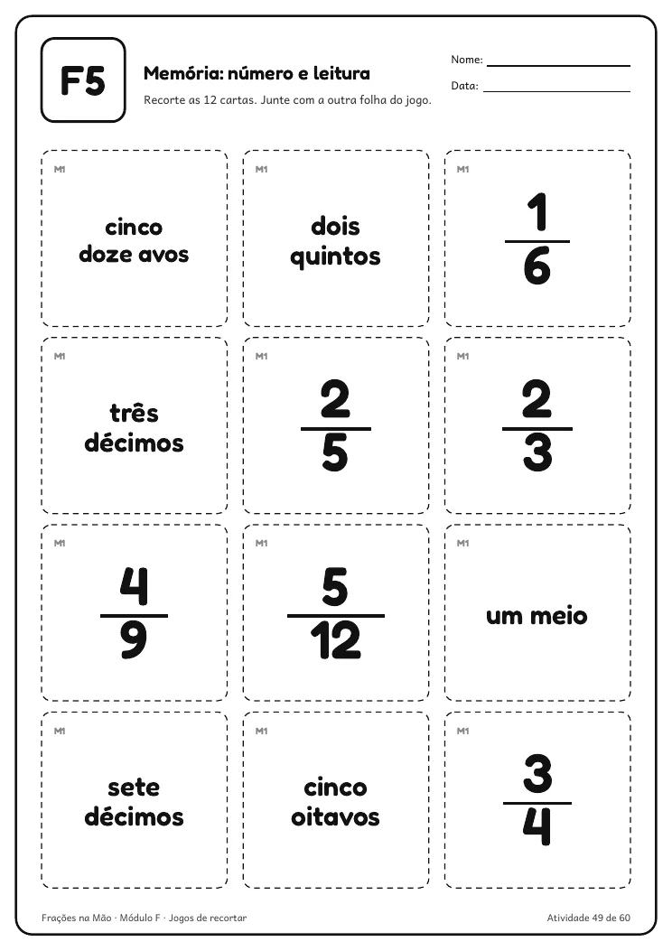 Página real do PDF Frações na Mão: atividade F5, cartas de memória com número e escrita da fração