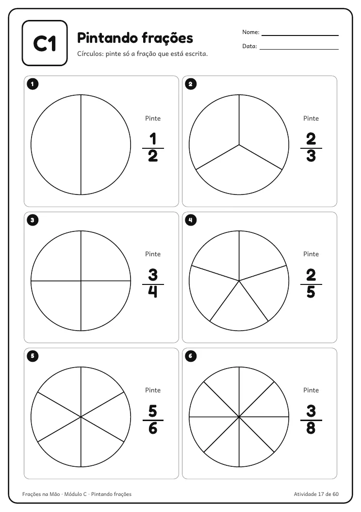 Página real do PDF Frações na Mão: atividade C1, círculos pra pintar a fração pedida