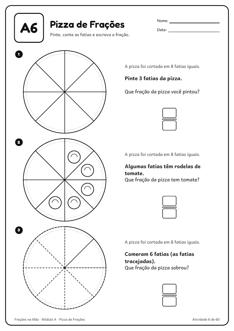 Página real do PDF Frações na Mão: atividade A6, pizza de frações com 8 fatias pra pintar e escrever a fração
