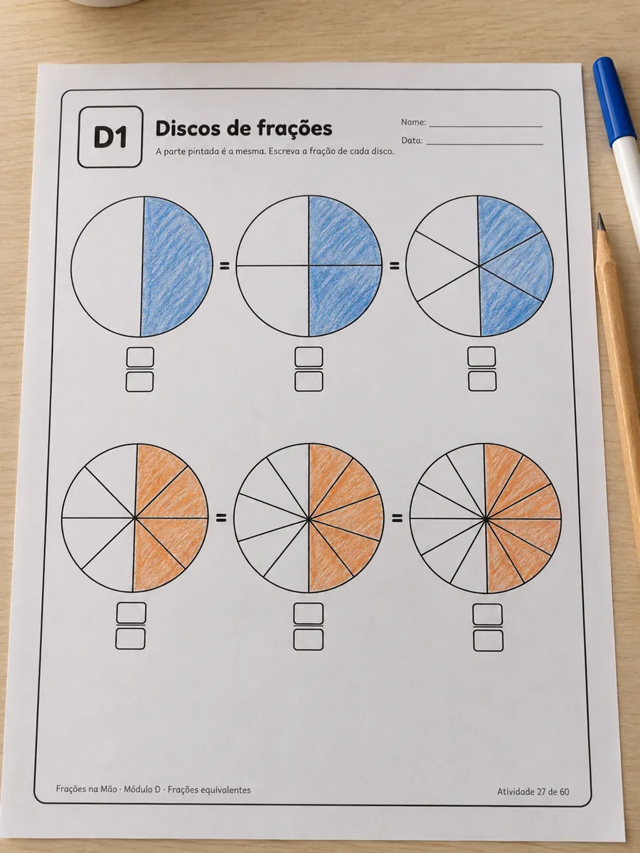 Folha de frações equivalentes com discos lado a lado e partes pintadas, impressa sobre a mesa