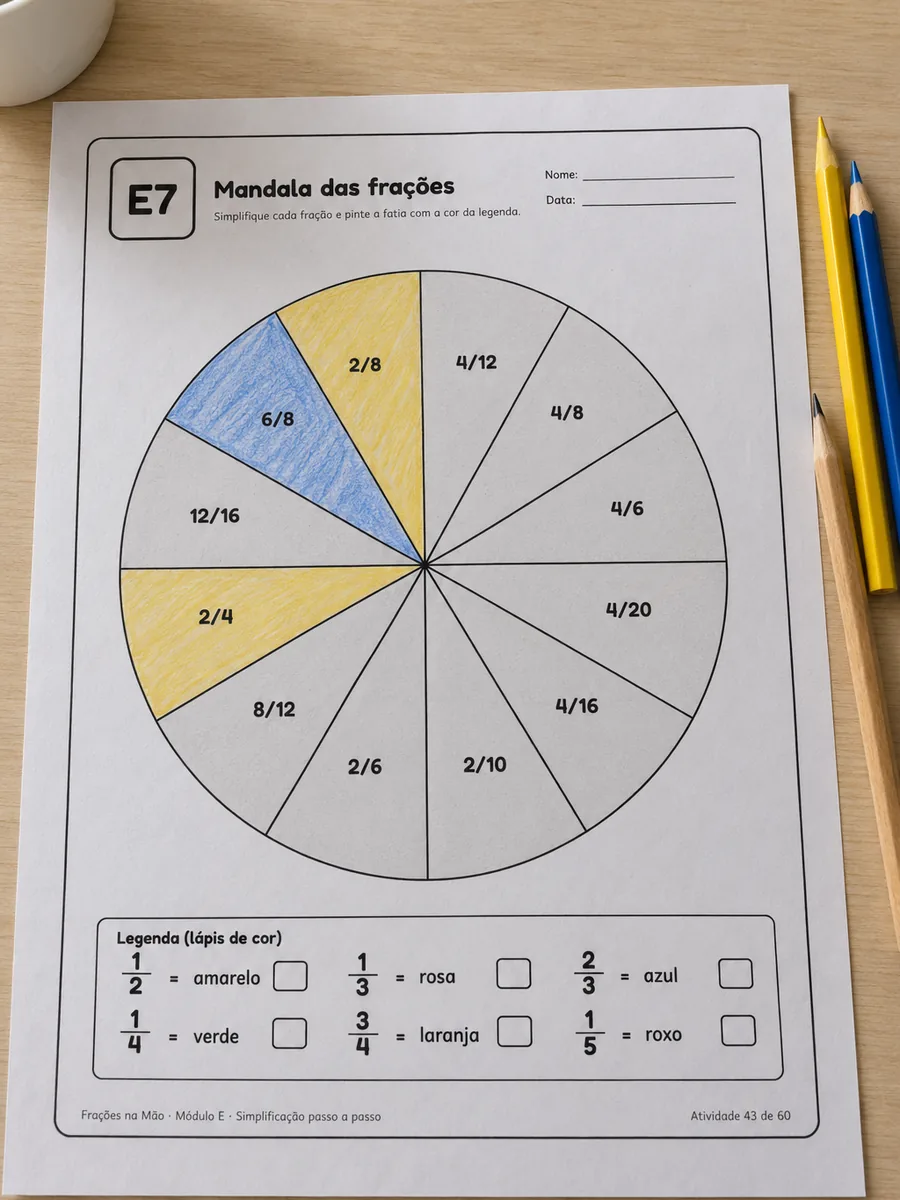 Mandala de simplificação meio pintada, impressa sobre a mesa