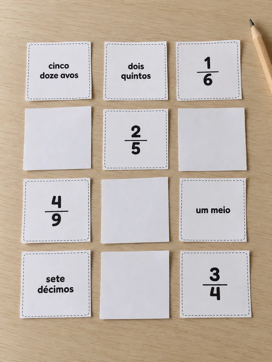 Cartas do jogo da memória de frações, algumas de frente e outras de costas, sobre a mesa