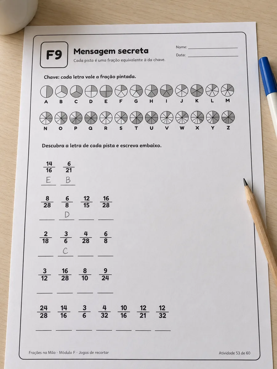 Folha de mensagem secreta com algumas letras já escritas a lápis, sobre a mesa