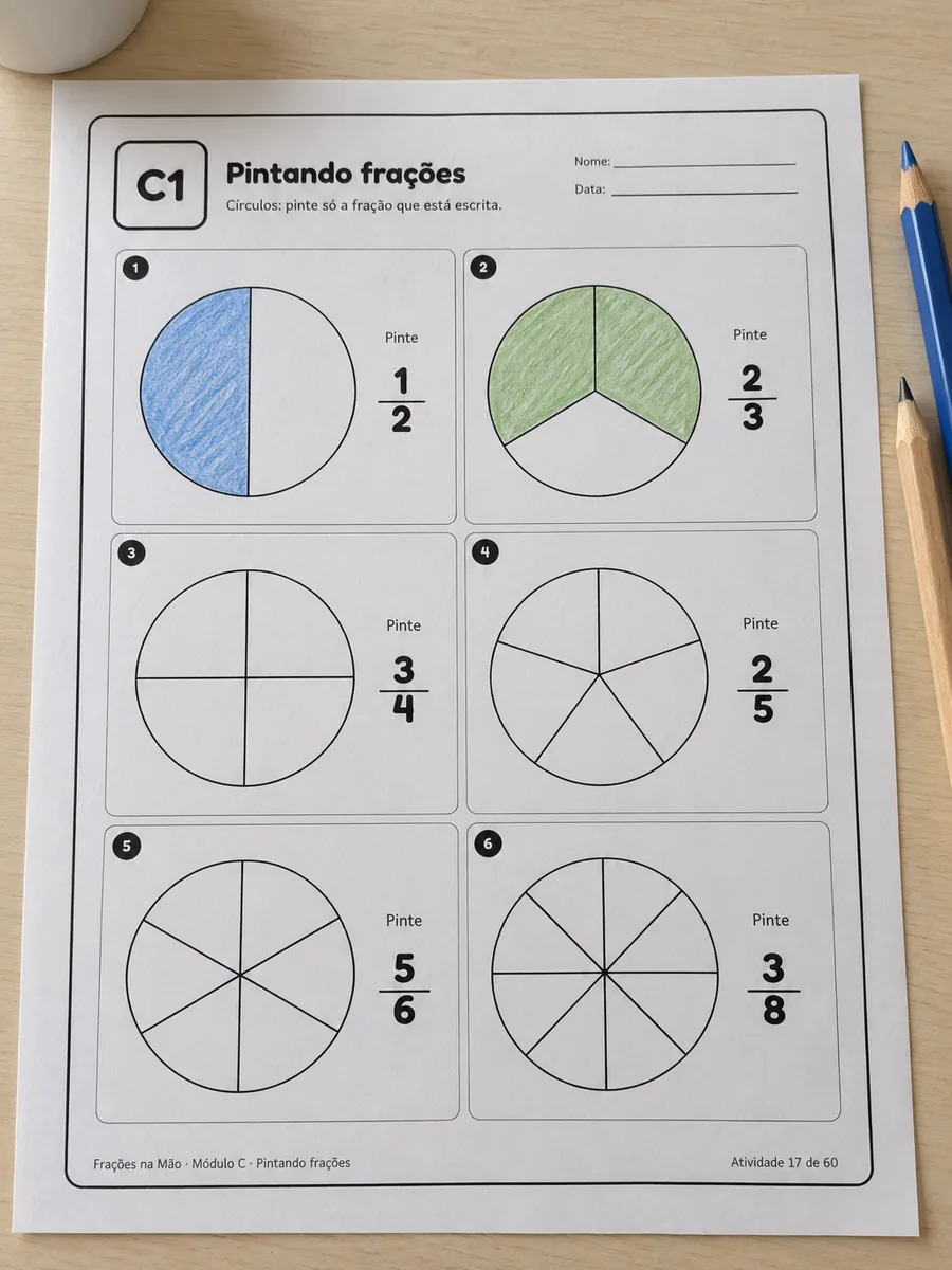 Folha de pintura com círculos divididos em partes, dois deles já pintados, impressa sobre a mesa